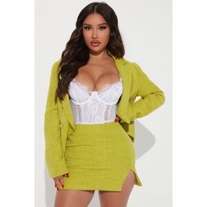 Fashion Nova Linda Tweed Double Breasted Blazer Skirt Set Green Women Medium